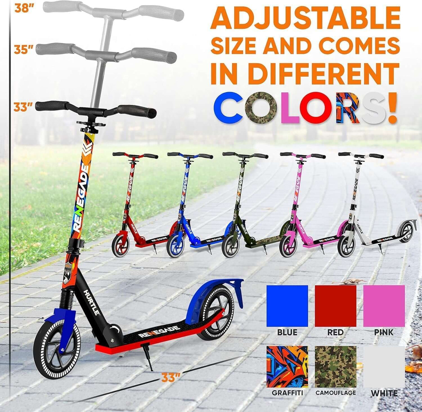 Renegade Kick Scooter for Kids, Teenagers & Adults - 2-Wheel Folding Scooter with Adjustable T-Bar Handlebar - Alloy Anti-Slip Deck