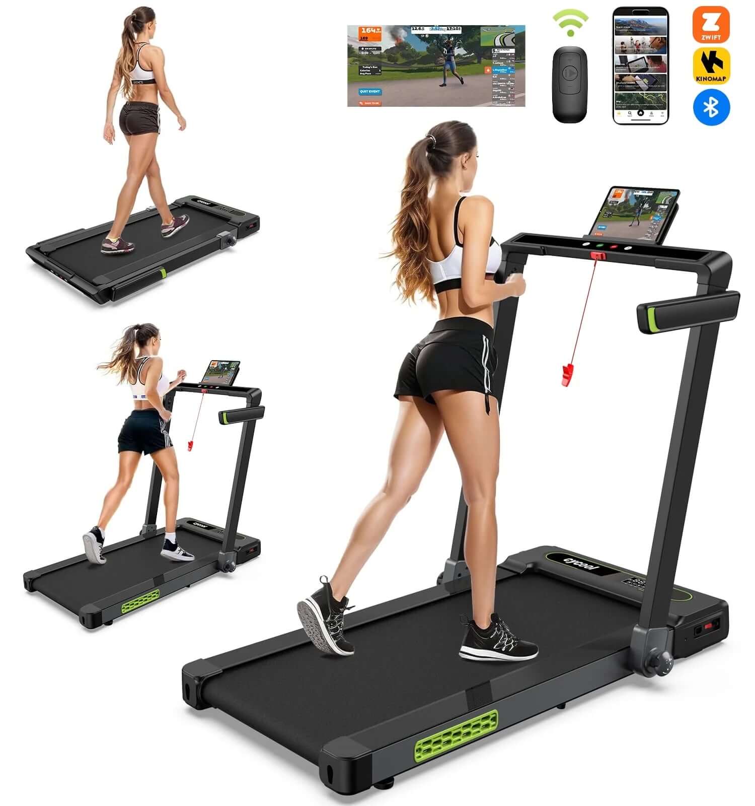 2.5HP foldable treadmill for home featuring a woman walking, Bluetooth connectivity, and a digital display.