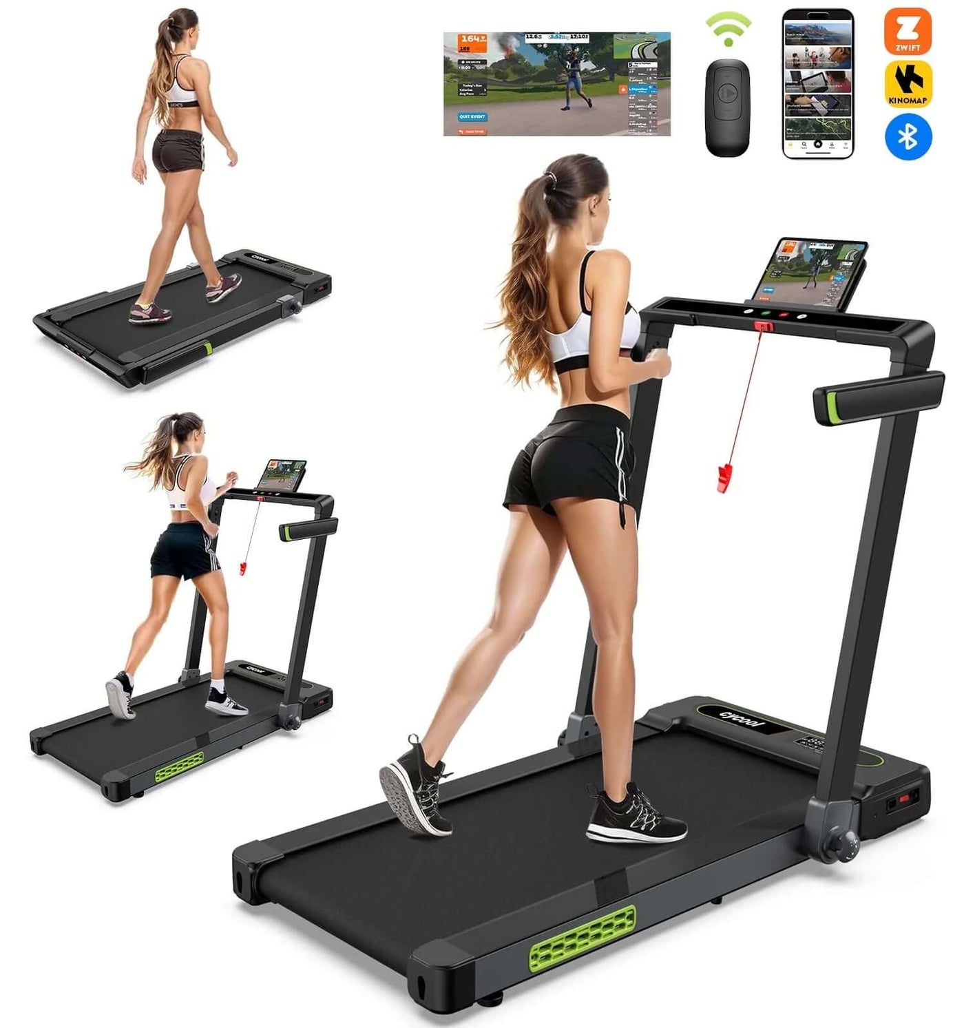 2.5HP foldable treadmill for home featuring a woman walking, Bluetooth connectivity, and a digital display.