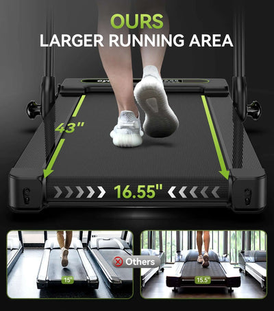 2.5HP foldable treadmill for home with larger running area comparison, showing dimensions of 43" x 16.55".