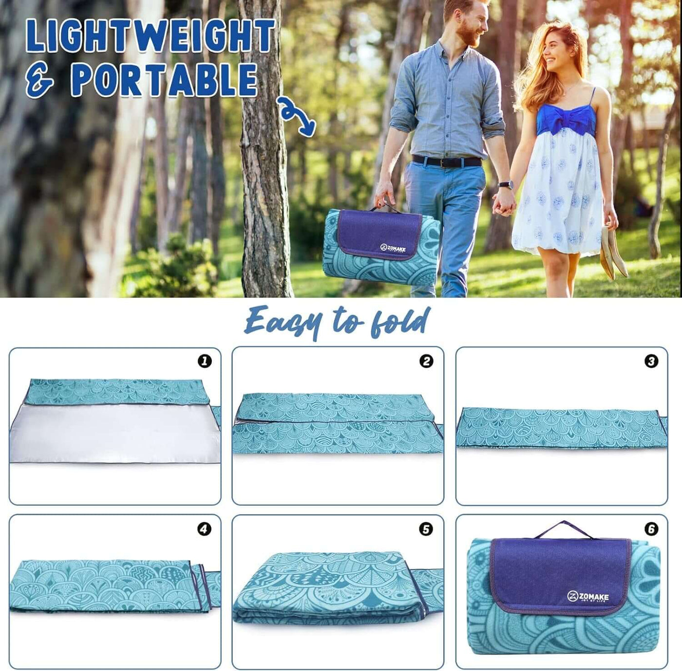 Picnic Blanket - Waterproof, Foldable, Sandproof - 79"X79" Concert, Beach, Yard, Outdoor Grass Blanket - Large (Peacock Blue)