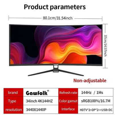 Monitor 34'' 144Hz Bandfish Screen Curved 1500R Gaming Bezel-Less Slim 400HDR Nits 100% SRGB Wide Color Gamut Fast VA Te