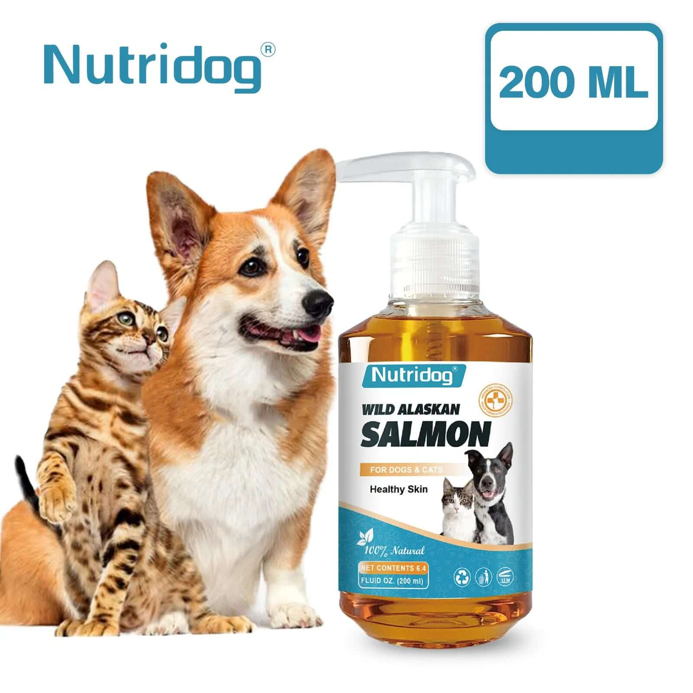 High Potency Omega-3 Pet Skin and Coat Health Supplements with Natural Wild Alaskan Salmon Oil for Dog & Cat-200Ml