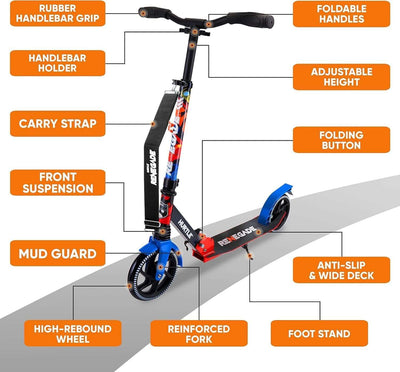 Renegade Kick Scooter for Kids, Teenagers & Adults - 2-Wheel Folding Scooter with Adjustable T-Bar Handlebar - Alloy Anti-Slip Deck
