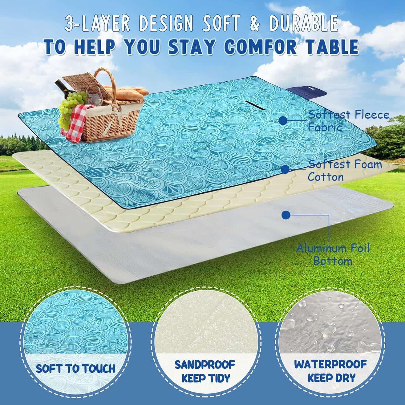 Picnic Blanket - Waterproof, Foldable, Sandproof - 79"X79" Concert, Beach, Yard, Outdoor Grass Blanket - Large (Peacock Blue)