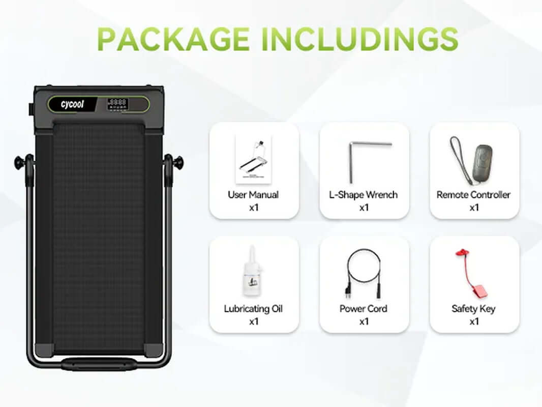 2.5HP foldable treadmill for home with larger running area comparison, showing dimensions of 43" x 16.55". 2.5HP foldable treadmill for homePackage includes user manual, L-shape wrench, remote controller, lubricating oil, power cord, and safety key for treadmill.