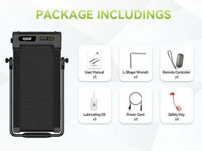 2.5HP foldable treadmill for home with larger running area comparison, showing dimensions of 43" x 16.55". 2.5HP foldable treadmill for homePackage includes user manual, L-shape wrench, remote controller, lubricating oil, power cord, and safety key for treadmill.
