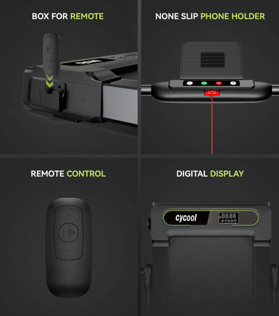 2.5HP foldable treadmill for home features remote box, non-slip phone holder, remote control, and digital display.