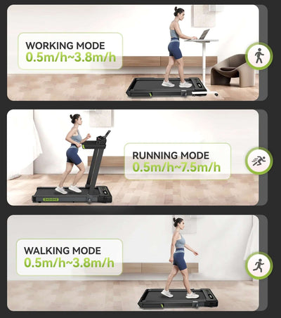 2.5HP foldable treadmill for home displayed in working, running, and walking modes with speed options.