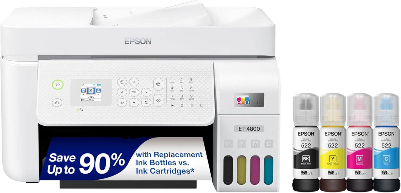 Ecotank ET-4800 Wireless All-In-One Cartridge-Free Supertank Printer with Scanner, Copier, Fax, ADF and Ethernet – Ideal-For Your Home Office, White
