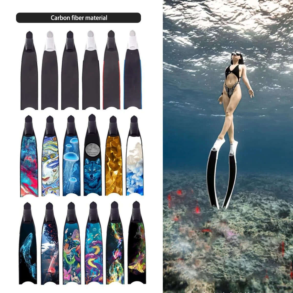 Carbon Fiber Long Blade Spearfishing Snorkeling Lifesaving Diving Fins Flippers Swimming Freediving Fins General