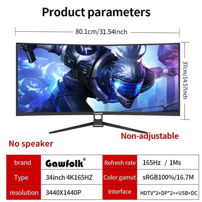 Monitor 34'' 144Hz Bandfish Screen Curved 1500R Gaming Bezel-Less Slim 400HDR Nits 100% SRGB Wide Color Gamut Fast VA Te