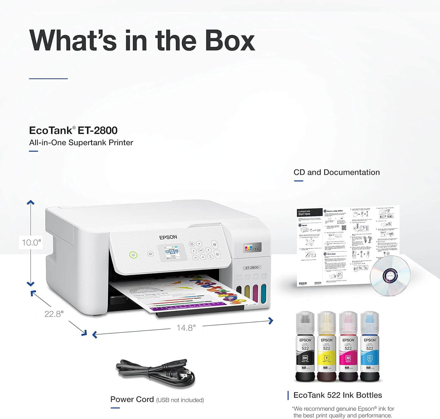 Ecotank ET-2800 Wireless Color All-In-One Cartridge-Free Supertank Printer with Scan and Copy Â€“ the Ideal Basic Home Printer - White, Medium