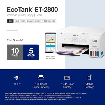 Ecotank ET-2800 Wireless Color All-In-One Cartridge-Free Supertank Printer with Scan and Copy Â€“ the Ideal Basic Home Printer - White, Medium
