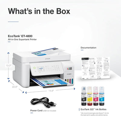 Ecotank ET-4800 Wireless All-In-One Cartridge-Free Supertank Printer with Scanner, Copier, Fax, ADF and Ethernet – Ideal-For Your Home Office, White