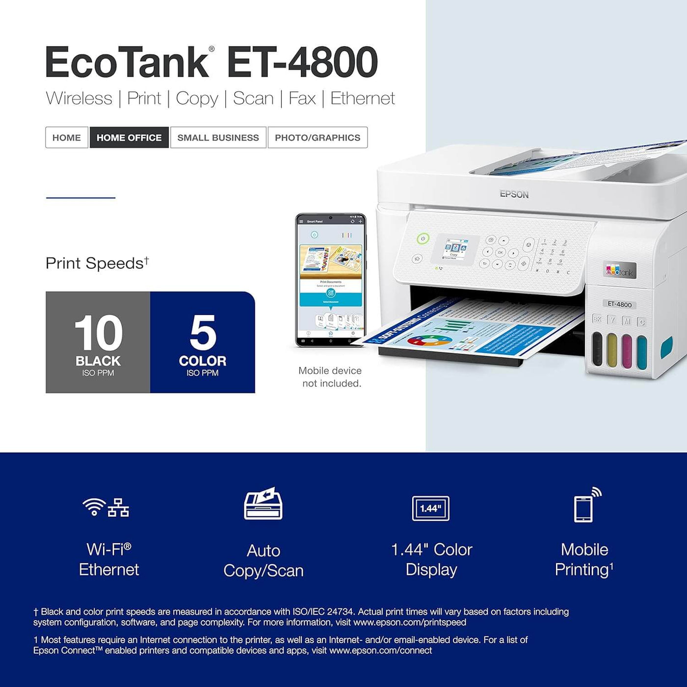 Ecotank ET-4800 Wireless All-In-One Cartridge-Free Supertank Printer with Scanner, Copier, Fax, ADF and Ethernet – Ideal-For Your Home Office, White
