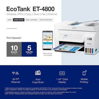 Ecotank ET-4800 Wireless All-In-One Cartridge-Free Supertank Printer with Scanner, Copier, Fax, ADF and Ethernet – Ideal-For Your Home Office, White