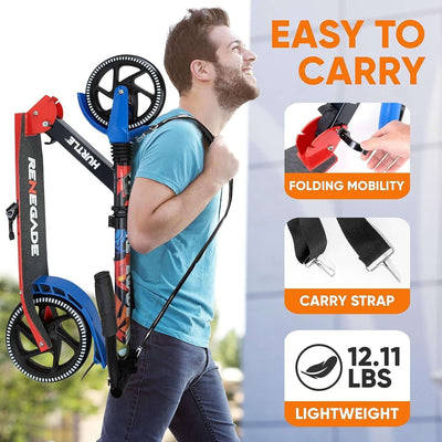Renegade Kick Scooter for Kids, Teenagers & Adults - 2-Wheel Folding Scooter with Adjustable T-Bar Handlebar - Alloy Anti-Slip Deck