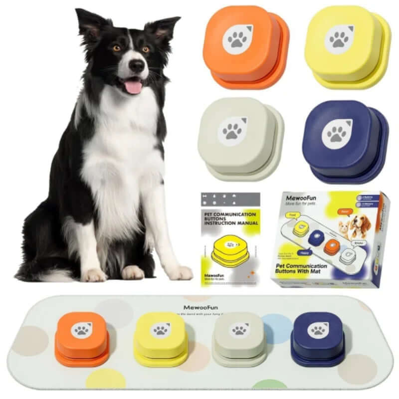 Dog Buttons for Communication 4 Pcs with Anti-Slip Mat Voice Recording Clicker with Training Manual for Cats Dogs