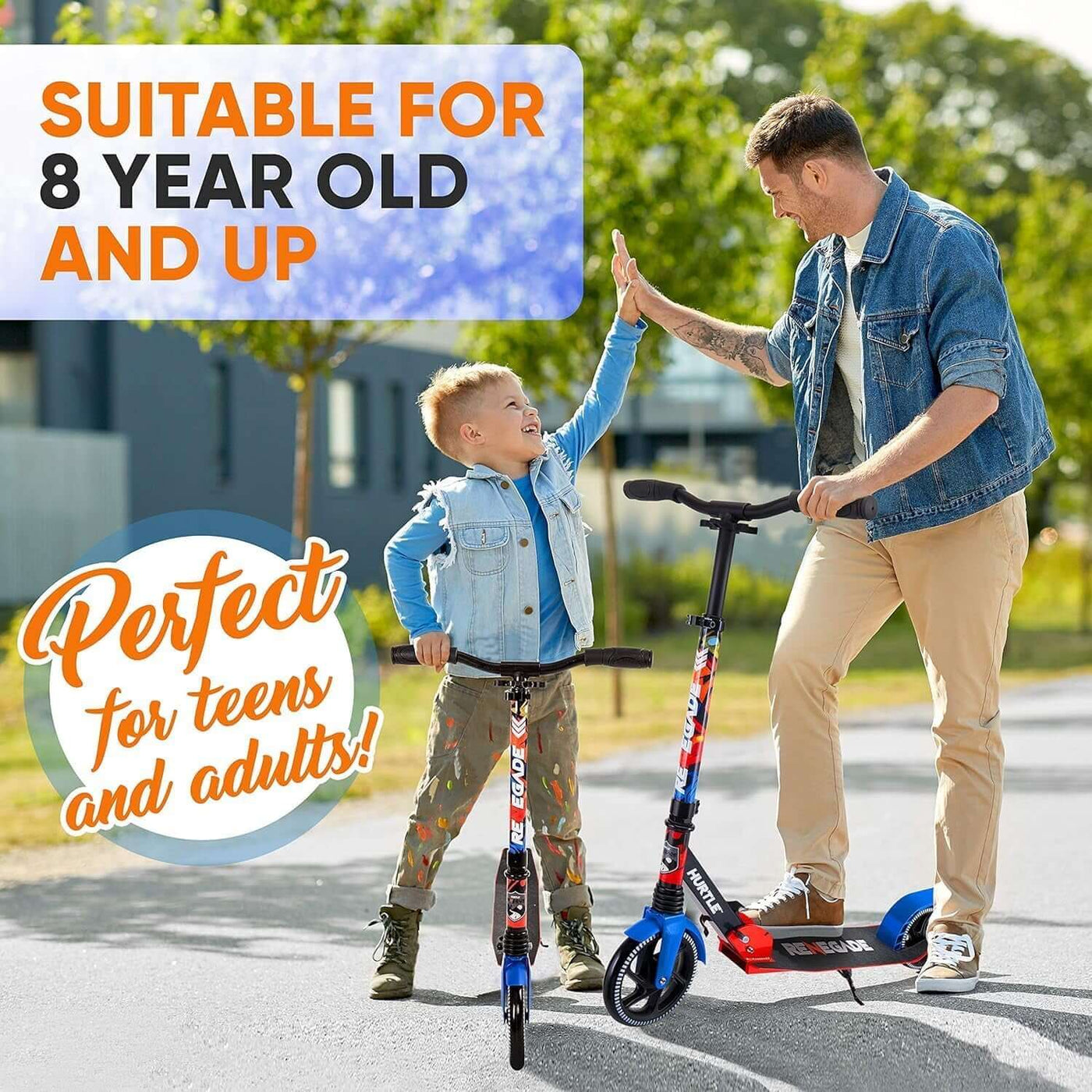Renegade Kick Scooter for Kids, Teenagers & Adults - 2-Wheel Folding Scooter with Adjustable T-Bar Handlebar - Alloy Anti-Slip Deck
