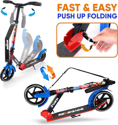 Renegade Kick Scooter for Kids, Teenagers & Adults - 2-Wheel Folding Scooter with Adjustable T-Bar Handlebar - Alloy Anti-Slip Deck