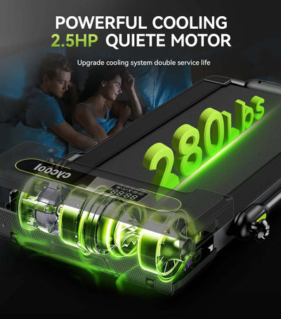 2.5HP foldable treadmill for home showcasing powerful cooling and quiet motor with 280 lbs capacity.