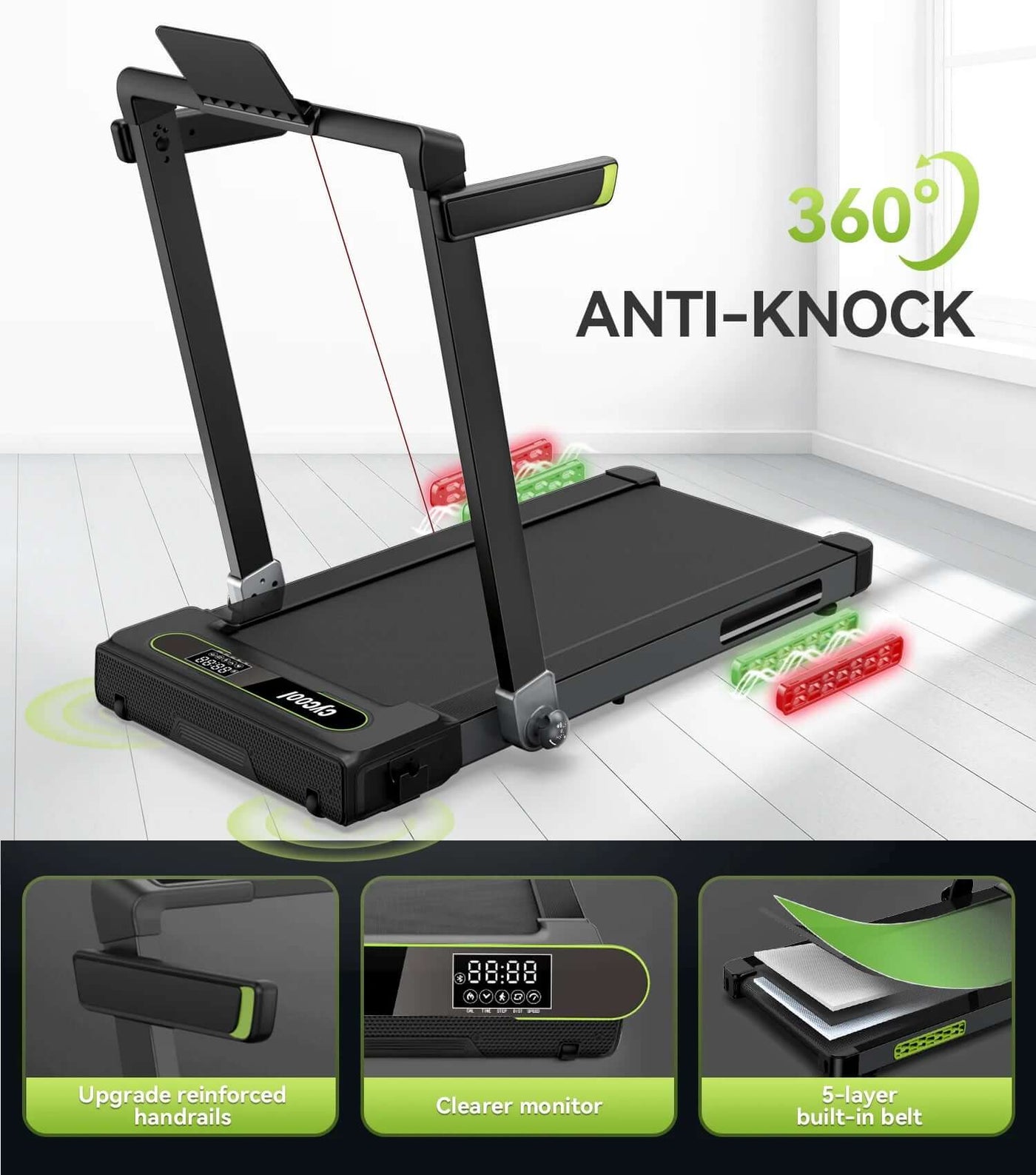 2.5HP foldable treadmill for home with 360 anti-knock feature and reinforced handrails, ideal for running and walking.