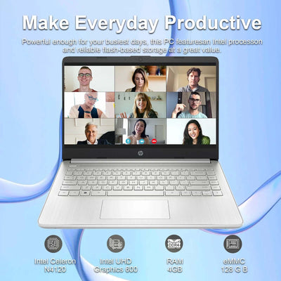 HP 14" Sutdent Laptop, up to 16GB RAM, up to 384GB Storage,  Celeron N4120, HD Webcam, 1-Year Office 365, Win 11 H, Silver