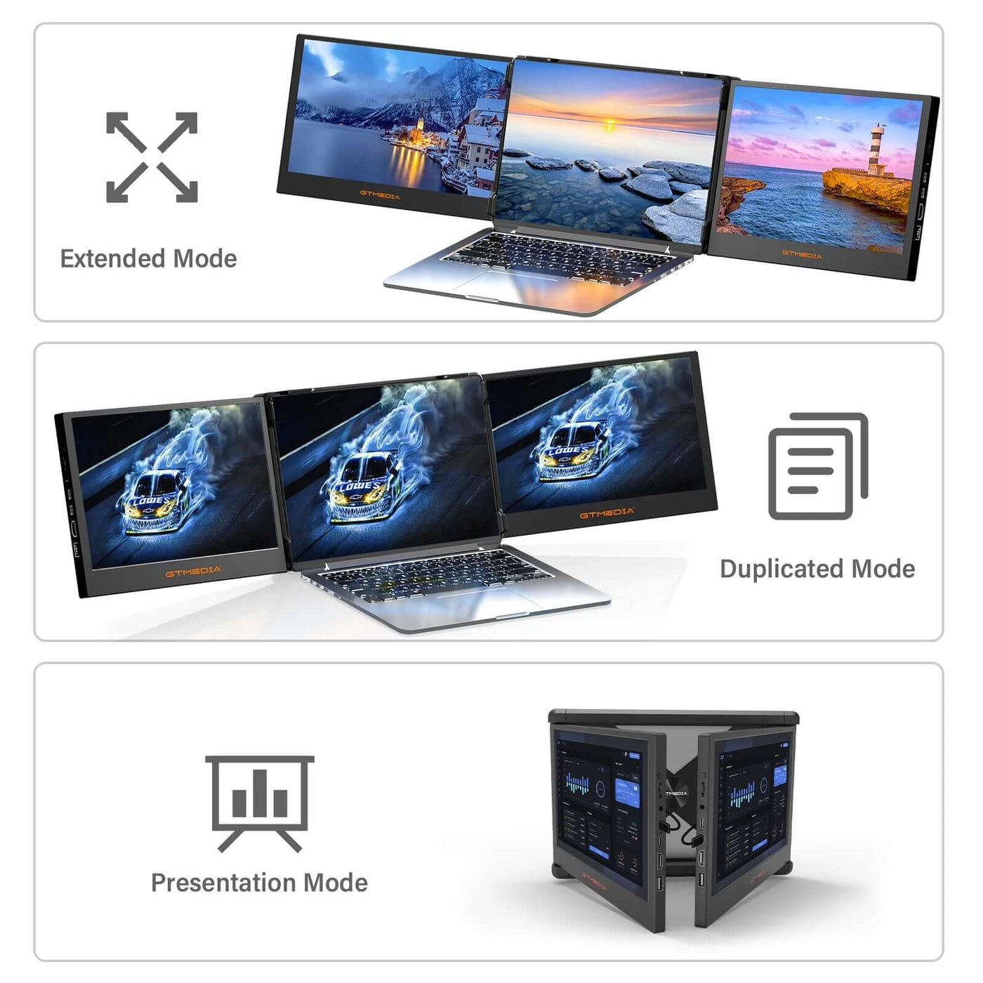 GTMEDIA 11.6Inch Portable Monitor 1920*1080 IPS FHD Triple Dual Extender Screen Full View Fold Display for 13.0-17.3Inch Laptops