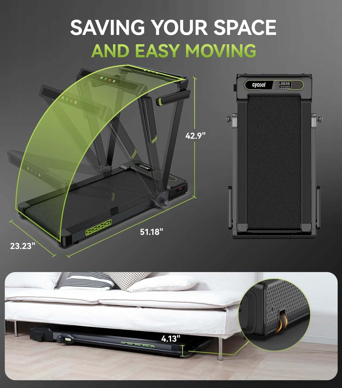 2.5HP foldable treadmill for home showcasing space-saving design and easy movement under furniture.