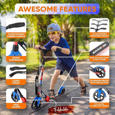 Renegade Kick Scooter for Kids, Teenagers & Adults - 2-Wheel Folding Scooter with Adjustable T-Bar Handlebar - Alloy Anti-Slip Deck
