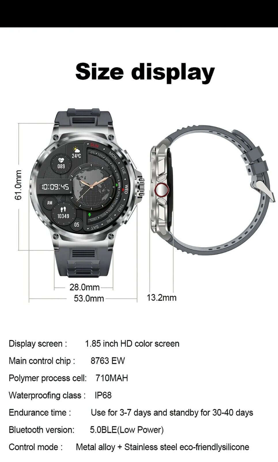 1.85" Ultra HD Smartwatch GPS Bluetooth Call Health Monitoring Watch Gym Gift