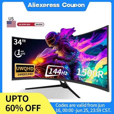 Monitor 34'' 144Hz Bandfish Screen Curved 1500R Gaming Bezel-Less Slim 400HDR Nits 100% SRGB Wide Color Gamut Fast VA Te