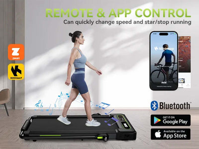 2.5HP foldable treadmill for home with remote and app control, showcasing user adjusting speed while walking.