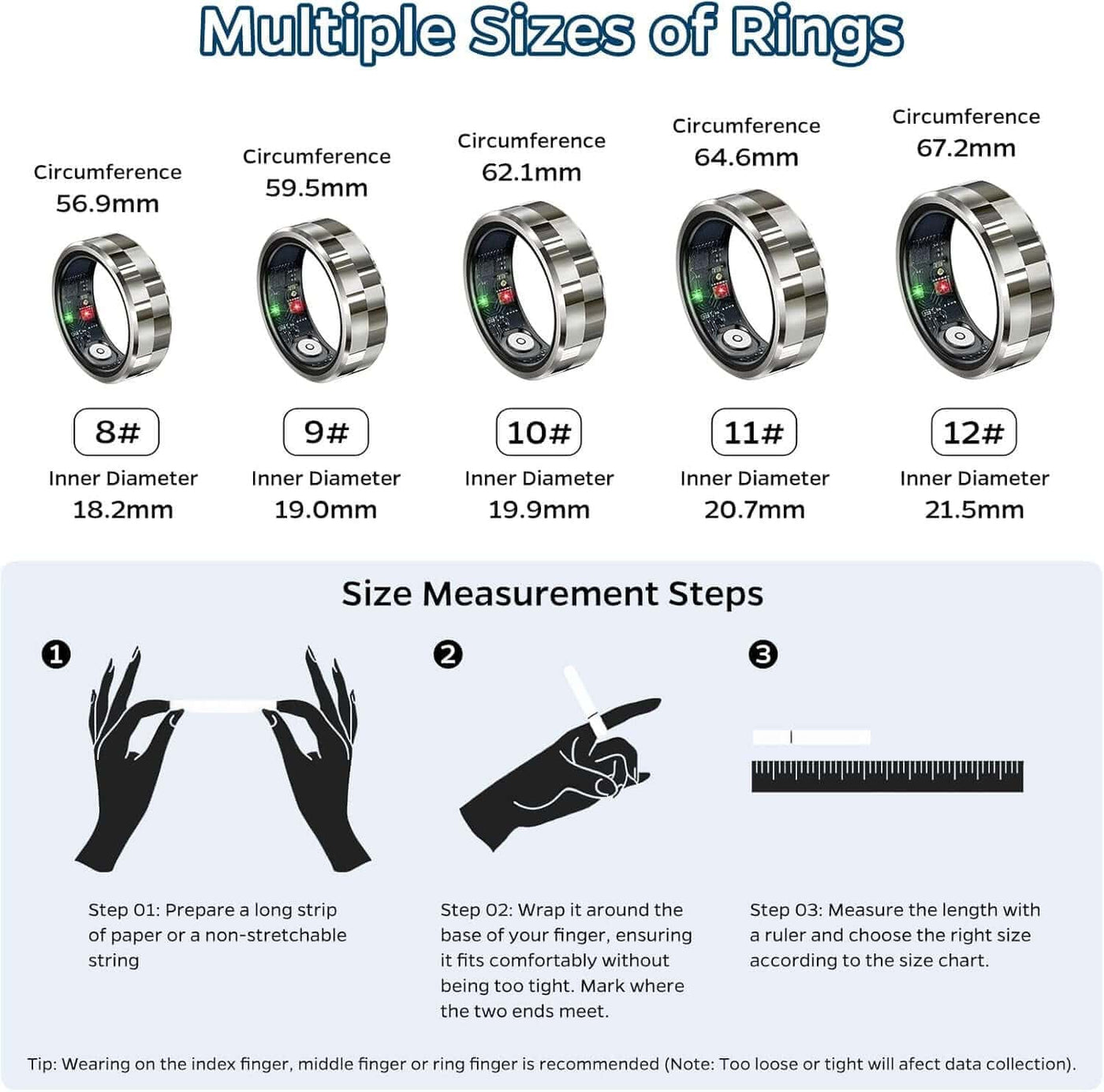 Smart Ring Health Tracker, Sleep Tracker Ring with Heart Rate, Waterproof Fitness Ring for Activity Monitoring/Steps/Distance/Calories,Air Gestures,Up to 7Day Battery,For Ios Android(Stylish Silver#8)