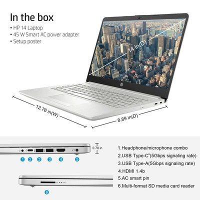 HP 14" Sutdent Laptop, up to 16GB RAM, up to 384GB Storage,  Celeron N4120, HD Webcam, 1-Year Office 365, Win 11 H, Silver